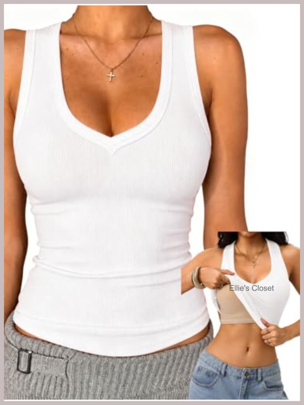 Built-in Bra Racerback Ribbed Tank Top for Women, Sleeveless V-Neck